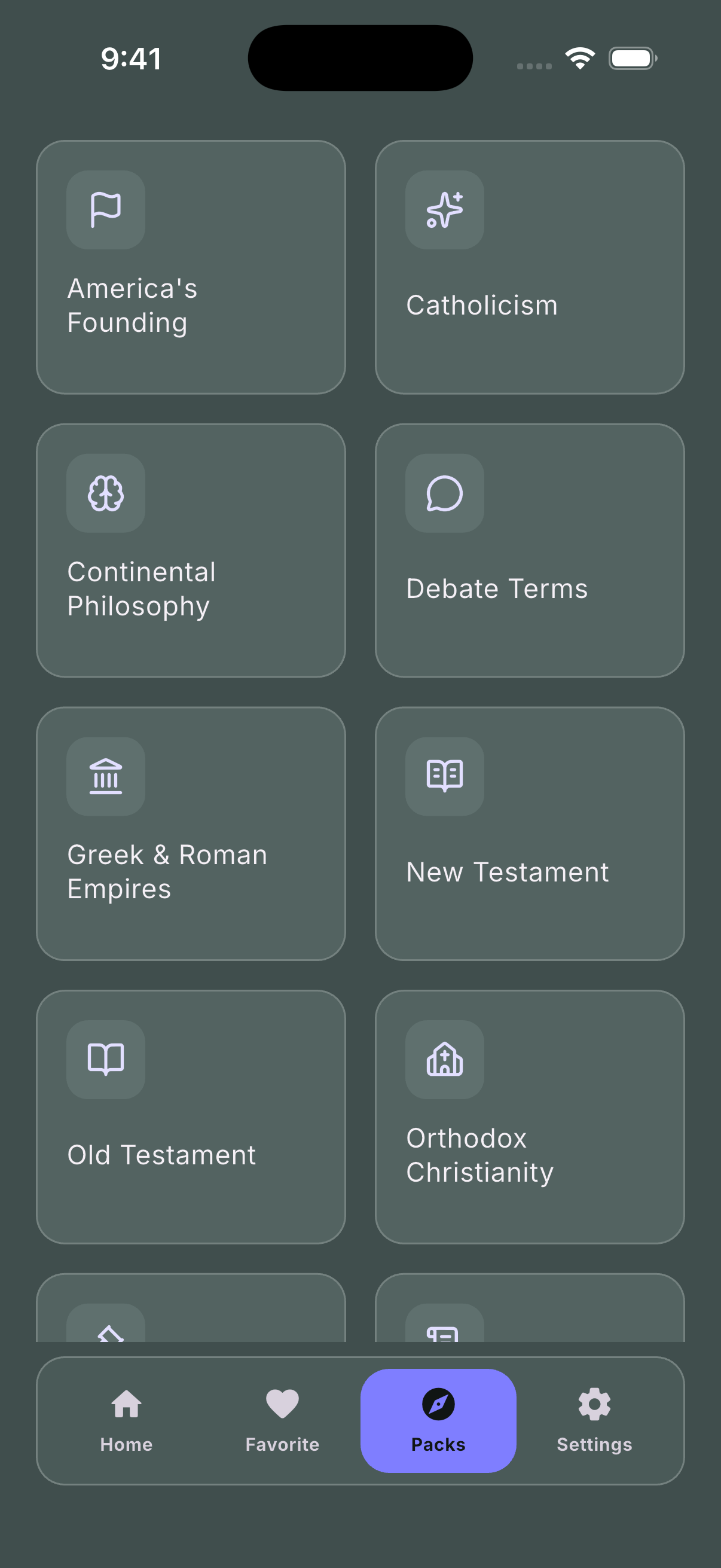 Power Vocab pack library showing history, philosophy, debate, and religious vocabulary collections